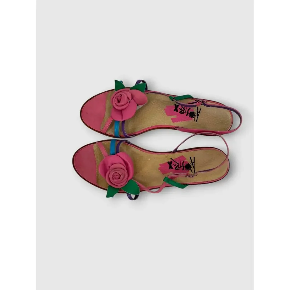 Vintage 1990s Y2k Leather Pink Rose Appliqué Flat Slingback Sandals Size 9M - Picture 7 of 7